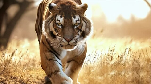 Smilodon in motion through prehistoric grassland, cinematic reconstruction of extinct predator  
