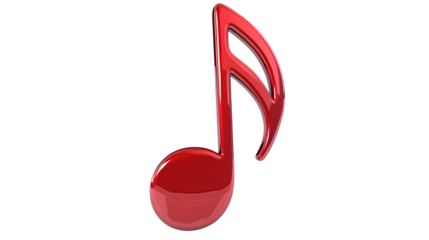 Red 3D musical note icon illustration with a glossy finish, representing music, sound, and melody in a bold, modern style. Isolated on white background