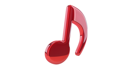 Red 3D musical note icon illustration with a glossy finish, representing music, sound, and melody in a bold, modern style. Isolated on white background