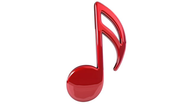 Red 3D musical note icon illustration with a glossy finish, representing music, sound, and melody in a bold, modern style. Isolated on white background