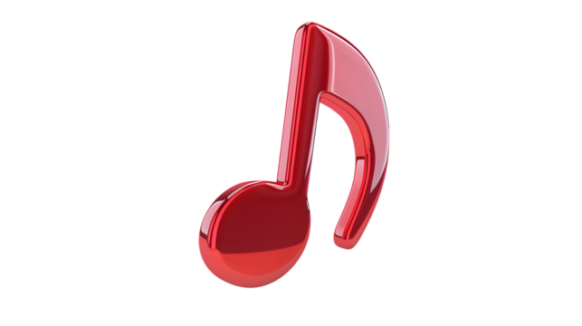 Red 3D musical note icon illustration with a glossy finish, representing music, sound, and melody in a bold, modern style. Isolated on white background