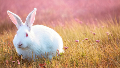 AI generated image of a cute white bunny rabbit in field of grass and flowers.