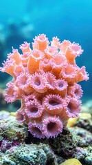 Fototapeta premium Vibrant pink coral reef with intricate tubular formations underwater, marine life habitat for ocean conservation, tropical sea background with blue water and rocky seabed for nature photography coral