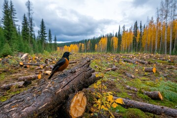 Forest bird perched on fallen log amidst autumn trees and clear sky in deforested landscape, environmental conservation concept