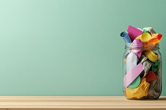 Colorful plastic waste in glass jar with empty space on wooden table, recycling, sustainability, eco-friendly message, environment protection concept