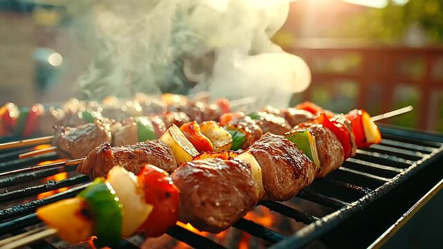 Juicy kebabs of marinated meat and vibrant vegetables on a barbecue, with the aroma of cooking wafting through a sunlit backyard