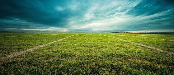 A field of grass with a few white lines on it