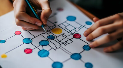 Close-up of hands drawing a new business process flowchart, symbolizing strategic change and optimization