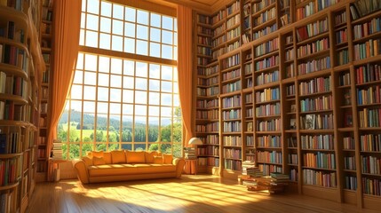 A cozy library with large windows showcasing a scenic view and shelves filled with books.