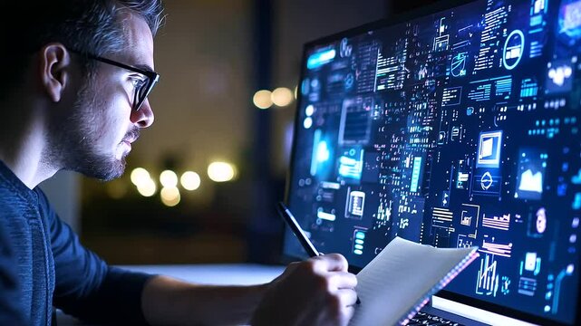 A man takes notes during an online seminar, with animated AI icons and virtual tools assisting in organizing his study materials