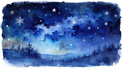 Naklejka premium Beautiful dark blue Christmas background with copy space for design or text. Watercolor drawing. Night sky with clouds and snowflakes. 