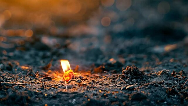 A tiny flame flickers on cracked, desolate earth, symbolizing persistence and fragile hope in adversity.