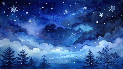 Naklejka premium Beautiful dark blue Christmas background with copy space for design or text. Watercolor drawing. Night sky with clouds and snowflakes. 