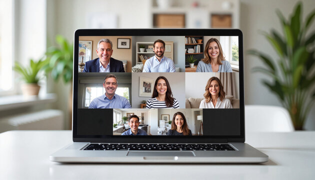 Diverse team collaborating in video conference, cloud communication