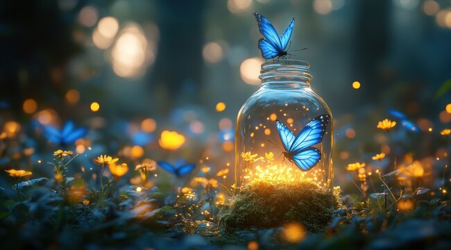 Enchanting blue butterflies and fireflies trapped in a glass jar amidst a mystical forest.