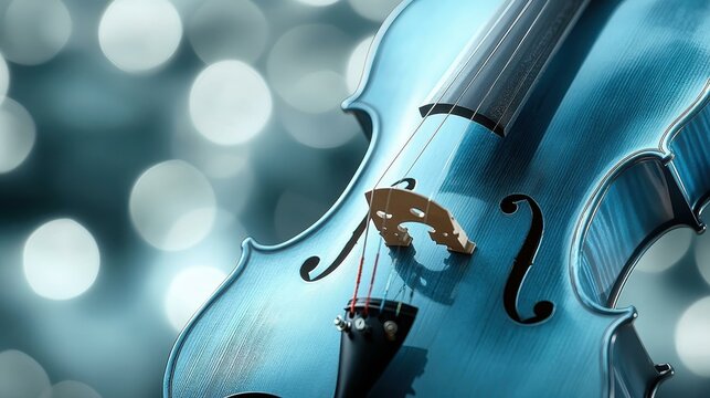 Blue violin close-up with detailed strings and bridge, playing classical music, perfect for concert promotion, music lessons, elegant background with soft bokeh lights, artistic and serene mood
