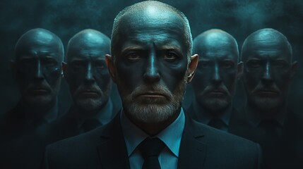 A man with a beard and a tie stands in front of five other men