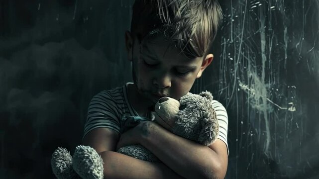 A somber child hugs a teddy bear tightly, symbolizing comfort and vulnerability in moments of sadness.