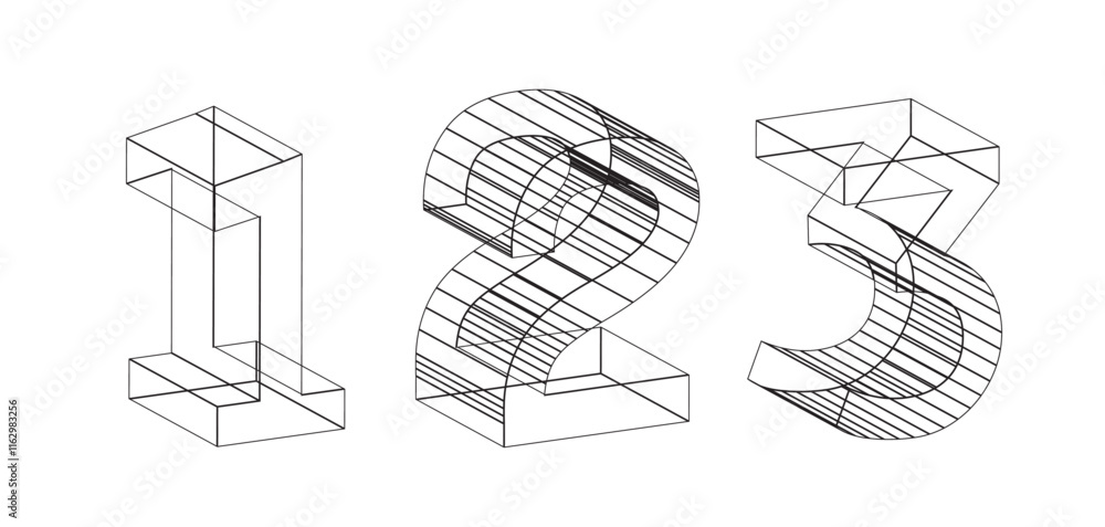 Aufkleber 3d abstract wireframe numbers 1, 2, and 3 with geometric lines and transparent effects. ideal for mo