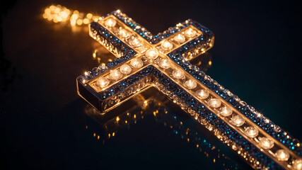 Elegant diamond-studded cross pendant illuminated with soft lighting, showcasing its luxurious design