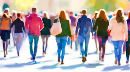 Fototapeta premium Crowd of people walking through a vibrant city.