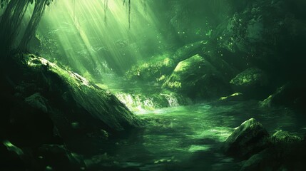 A serene forest scene with a gentle stream and lush greenery illuminated by soft light.