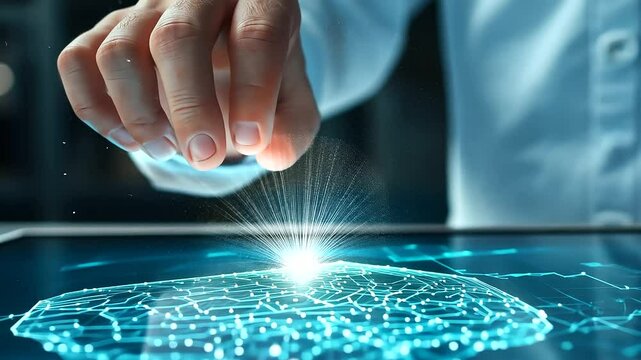 The hand of a neurologist highlighting sections of a glowing D brain scan, emphasizing neurological patterns and Alzheimer's progression in a clinical setting