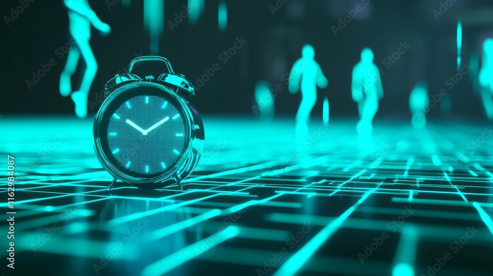 Poster digital clock with glowing figures in background.