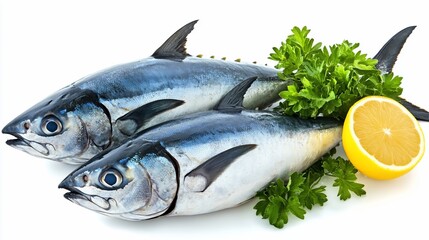 Two fresh bonito fish with lemon and parsley.