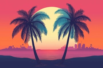 Cartoon flat tropical sunset with palms