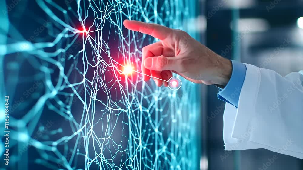 Aufkleber a doctor’s hand pointing at a large display of interconnected neural pathways, analyzing disrupted a