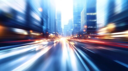 Dynamic city traffic with blurred motion effects.