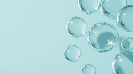 Clear bubbles drift gracefully across a soft light blue background, creating a tranquil and inviting environment perfect for design use or relaxation themes