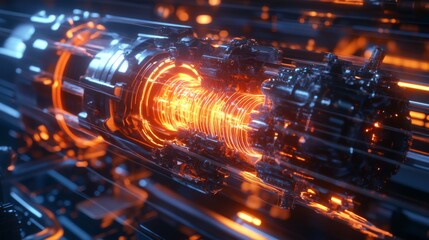 A high-tech device emits a vibrant orange glow in a futuristic setting. Intricate mechanical components are visible, highlighting advanced technology and energy flow at work