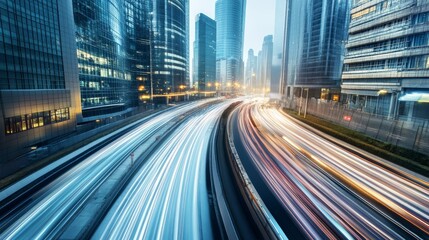 Fototapeta premium Dynamic city traffic with light trails at dusk.