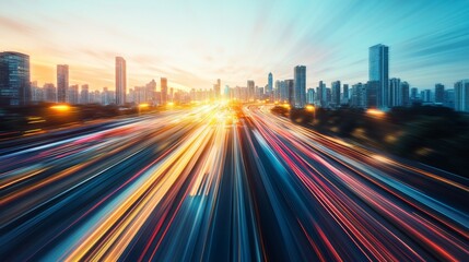Fototapeta premium Dynamic cityscape with light trails at sunset.
