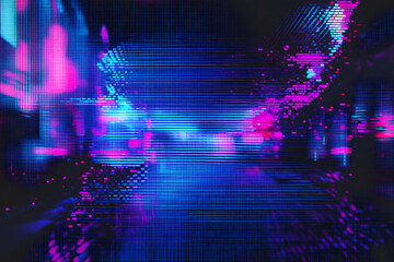 Abstract blue, mint and pink background with interlaced digital glitch and distortion effect. Futuristic cyberpunk design. Retro futurism, webpunk, rave 80s 90s cyberpunk aesthetic techno neon colors