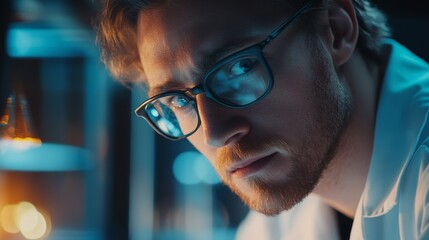 A young scientist is intensely studying samples in a laboratory filled with vibrant colored liquids. The focused expression and glasses reflect his dedication to discovery and innovation