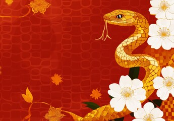 A snake is shown on a red background with white flowers
