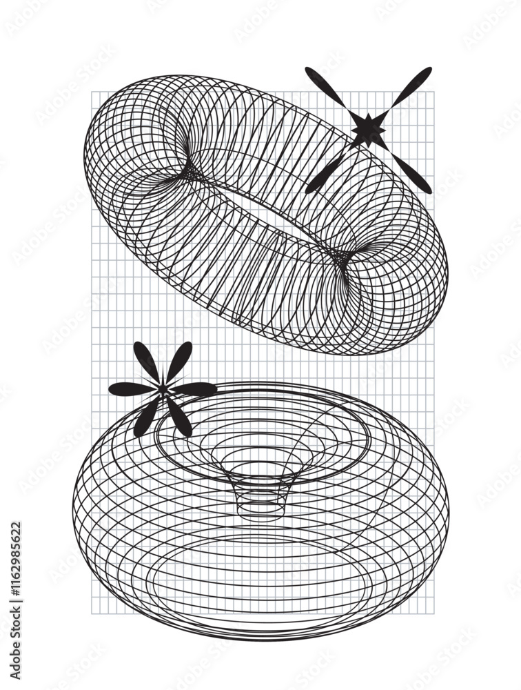 Poster abstract wireframe 3d torus shapes with grid patterns and decorative elements. perfect for modern ar