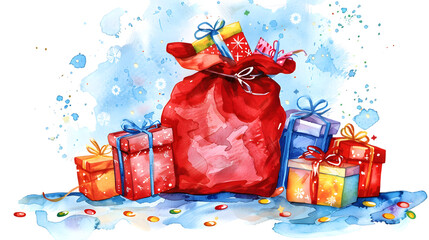  Festive watercolor illustration gifts isolated on white background