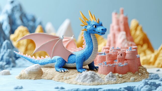 Blue dragon figurine with orange wings standing near orange sandcastle on colorful sandy beach, perfect for fantasy, children's room decor, storytelling, playful, imaginative background scenery