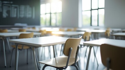 Fototapeta premium Empty classroom with sunlight streaming in.