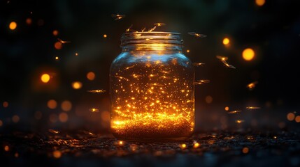 Firefly lights glowing inside a glass jar at night.