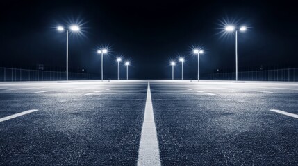 Empty parking lot illuminated by street lamps.
