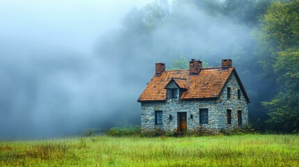 Fototapeta premium Abandoned stone house with orange roof on green meadow surrounded by fog and dense forest, perfect for nature themes, solitude concepts, autumn backgrounds, peaceful rural scenery, mystery atmosphere