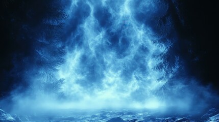 Mystical blue foggy forest at night with glowing ethereal light, magical fantasy landscape for Halloween, fantasy art, dark mysterious atmosphere, enchanted nature, eerie surreal background, mystical