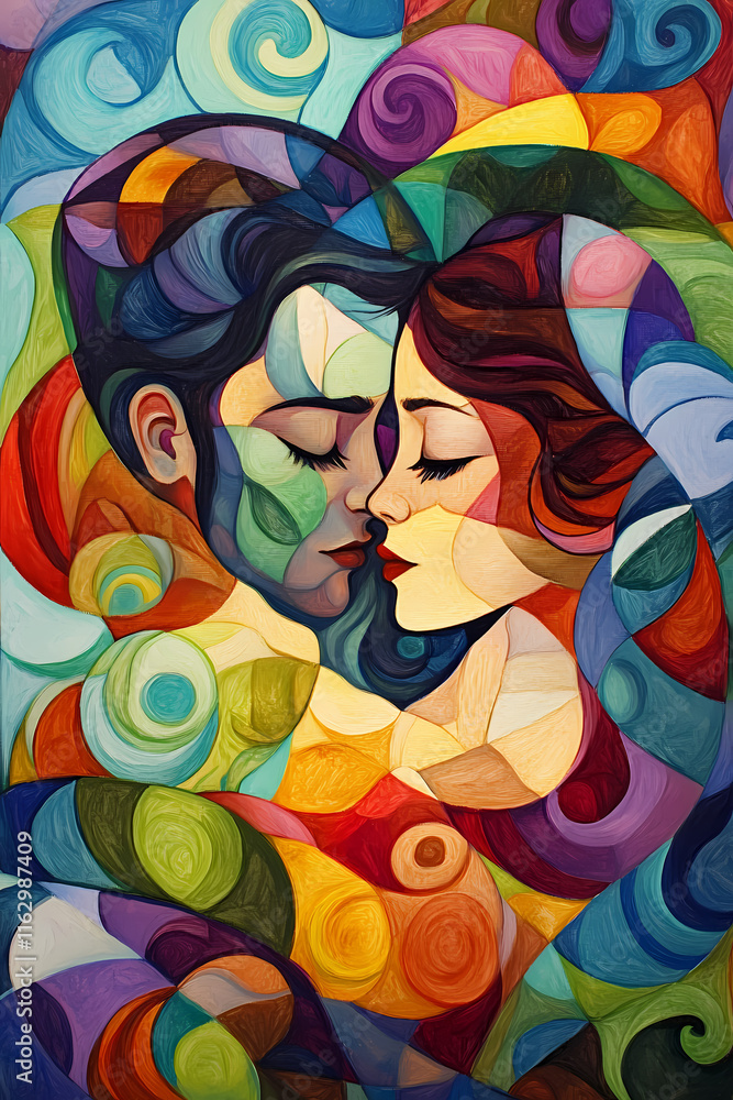 Poster abstract artwork depicting two lovers embracing in vibrant colors and swirling patterns. generative 