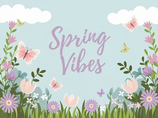 Spring vibes with colorful flowers and butterflies in a cheerful design