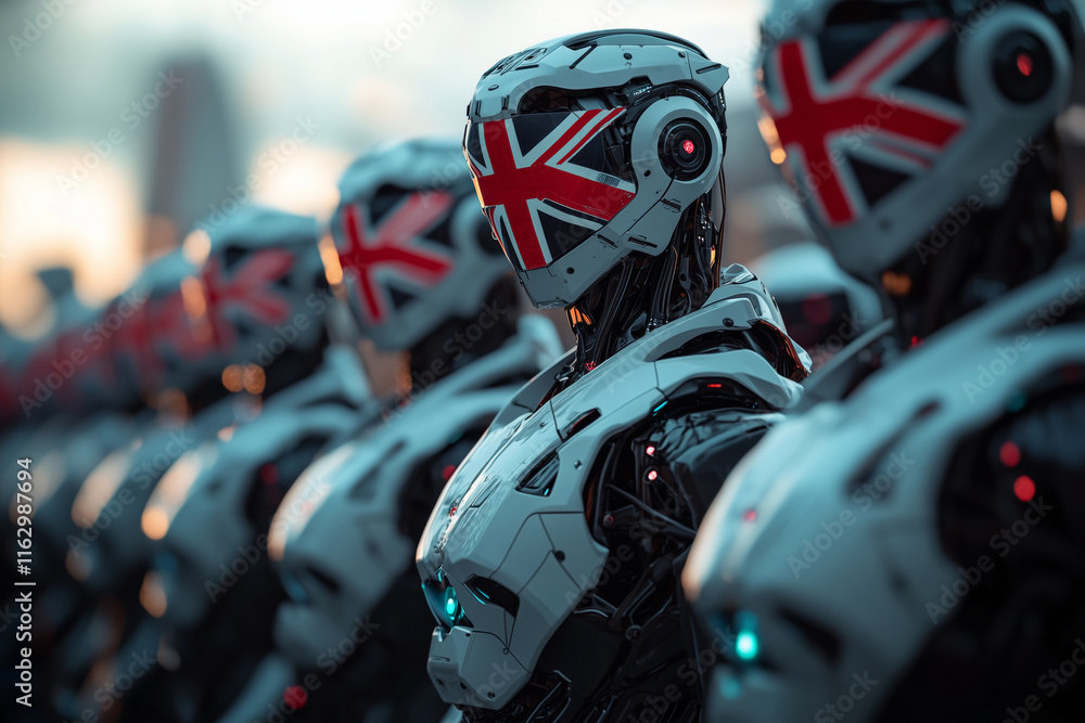 Poster futuristic humanoid robots lined up with national pride in a technology showcase